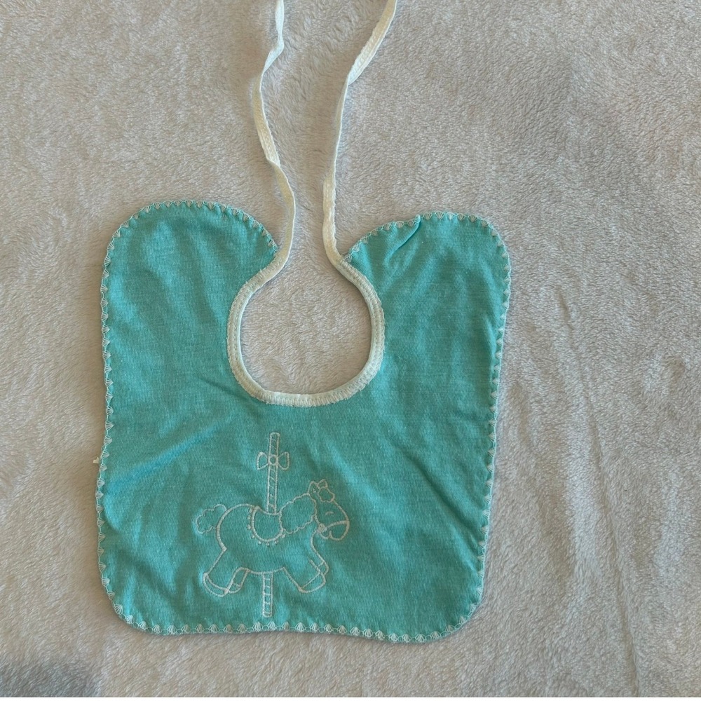 Vintage JCPenney Baby Bib Aqua Teal Cotton Carousel Horse Made in USA